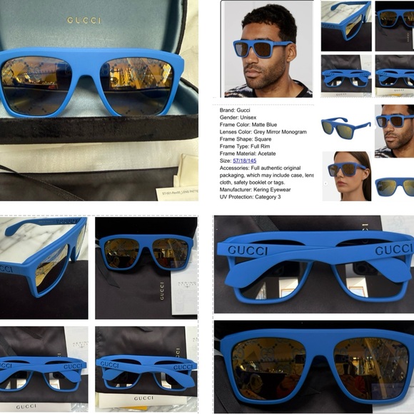 GUCCI MATTE BLUE GREY MIRRORED “GG” MONOGRAM SQUARE SUNGLASSES - Picture 7 of 16